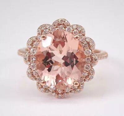 Engagement Ring Lab Created 4 Ct Oval Cut Morganite Flower Halo Ring 925 Silver • $90.09