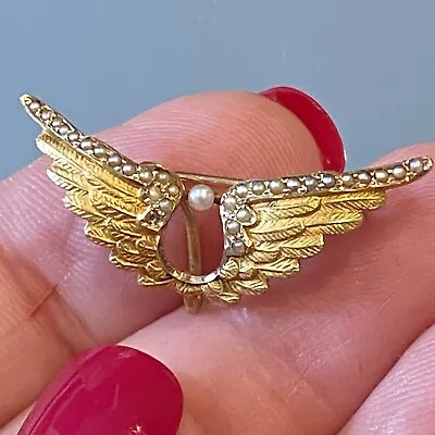 Antique 14k Yg Victorian Seed Pearl Wing Brooch With S Shape Bail 2.1gr • $210