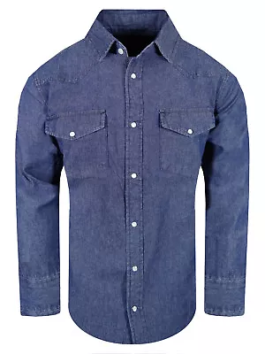 Denim Western Shirt Mens Stone Wash Cotton Stretch Snap Pocket Contrast Stitch • $21.95