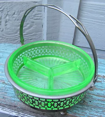 Vtg Farberware UV Uranium Green Glass Divided Candy Dish Depression Server • $19.99