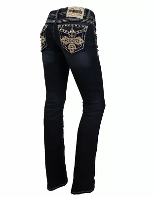 LA Idol Women Bootcut Jeans Crystal Leather Cross Flap Pocket Stretch In Blue • $69.95