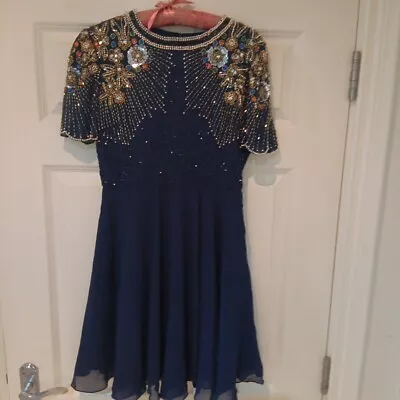 Navy Virgos Lounge Short Dress Size 10 Embellished Evening Dress See Details  • £32