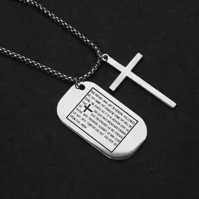 Lord's Prayer Military Dog Tag And Cross (Includes 24  Chain) - Silver • $9.50