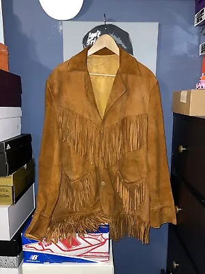 Vintage Hippie Fringe Leather Jacket Large Mens Brown Bohemian Coat 80s Retro • $115