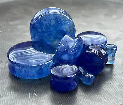 PAIR Vibrant Capri Blue Style Glass Double Flare Plugs Body Jewelry • $13.95