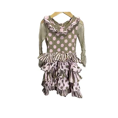 Mustard Pie Girls 4T Tiered Ruffle Dress Pink Brown Polka Dot Long Sleeved • $15.67