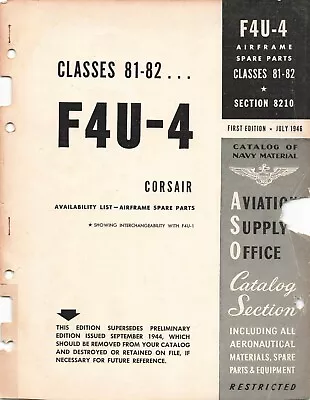 F4U-4 Corsair 1946 ASO Airframe Spare Parts Catalog Flight Manual - CD • $34.99
