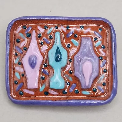 Vtg Terracotta Artisan Brooch Handpainted Vases Pin Pink Purple Aqua Signed MK  • $24.99