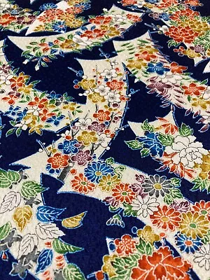 @@ Vintage Japanese Kimono Silk Fabric / Smooth Weave Navy Blue Floral  EX09 • $7.20