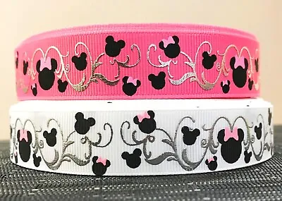 MINNIE/MICKEY MOUSE PINK Or WHITE GROSGRAIN RIBBON / SILVER SWIRLS - 1 YARD 22mm • £1.95