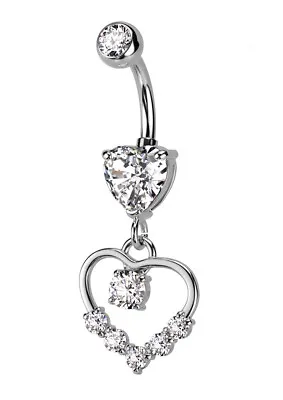£4.50 • Buy TITANIUM Heart Dangle Belly Bar - Clear Crystals - 6mm 8mm 10mm 12mm 14mm 16mm
