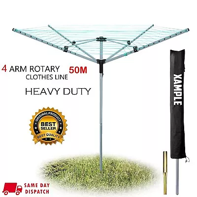 Rotary Airer 50m Outdoor 4 Arm Clothes Washing Line Dryer Ground Spike & Cover • £34.89