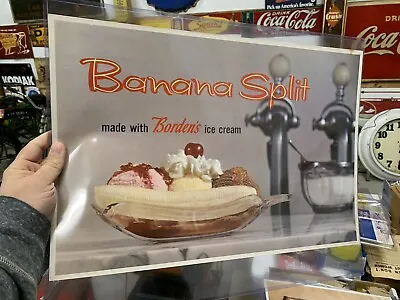 Vintage Borden’s Ice Cream Banana Split Litho Sign ICE CREAM GAS OIL SODA COLA • $239.99