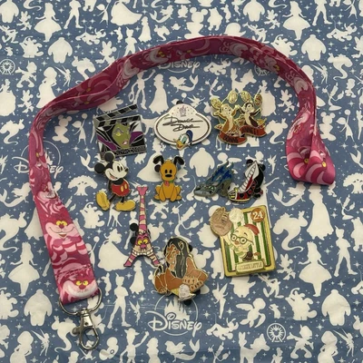 £33.10 • Buy Disneyland Paris HKDL WDW Pin Lot Of 10 Trading Pins With Cheshire Cat Lanyard