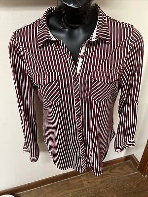 Passport Burgundy White Stripe Knit Blouse Shirt Roll Tab Slv Career Soft Sz XL • $14.44
