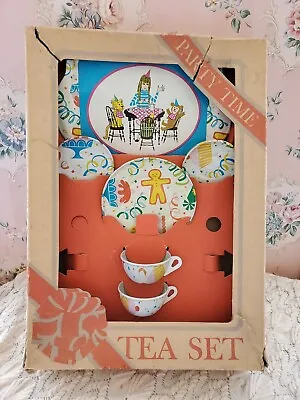 Vintage Tin Litho Chein Tea Set Girl W/ Animals Having Party 9 Pieces Boxed • $14.99