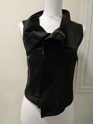 Veda Black Leather Cotton Zip Pocket Zip Sleeveless Vest Jacket SZ S/XS • $89
