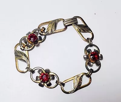 Vintage Van Dell Bracelet 12K Gold Filled On Sterling RED Rhinestone Flower Knot • $29.99