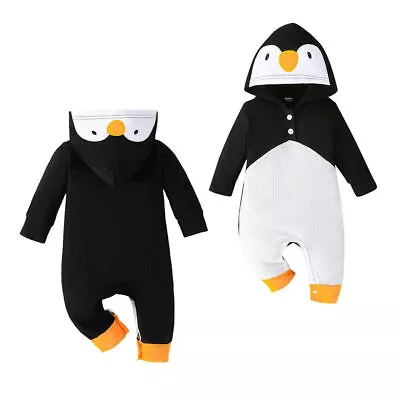 Newborn Baby Boys Girls Penguin 1Onesie Hooded Romper Animal Jumpsuit Bodysuit • £14.55
