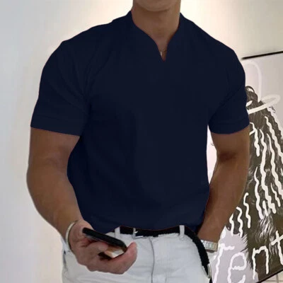 $12.34 • Buy Mens Casual Short Sleeve Shirts Tee Summer Solid V Neck Blouse Slim Tops M-3XL