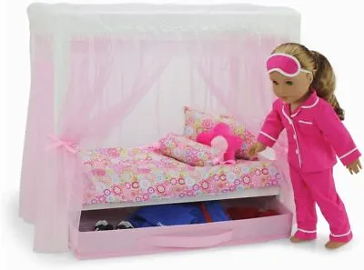 18 Inch Doll Wooden Furniture Doll Canopy Single Bed With Doll Clothes Storage  • $109.50