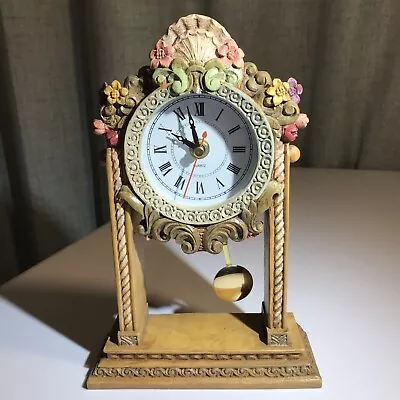 Vintage Floral Ceramic Brown Desk Pendulum Clock. Quartz. Works. 9.5” Tall • $37.25