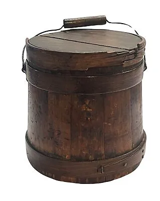 Antique FIRKIN Lidded Wooden Bucket Pail Lapped Bands Copper Tacks Bail Handle • $119.99