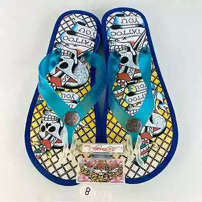 ED Hardy Men's Flip Flops Thong Sandals Skull Tattoo You Banner Size 8 • $39.87