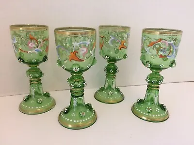 Set Of 4 Antique Moser Enamelled Roemer Glasses. Beautifully Hand Painted. • £265