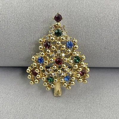 Vintage Signed Eisenberg Christmas Tree Brooch Multicolor Rhinestones Goldtone • $22