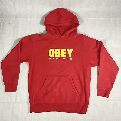 Retro Red Obey Records Pullover Hoodie Size M  • £10