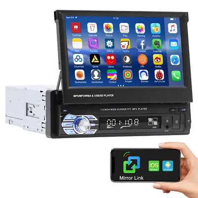 7  Single 1DIN Flip Out Car Stereo BT FM Radio Touch Screen AUX USB MP5 Player • £59.99