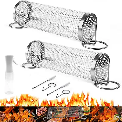 2 PK BBQ Grill Basket Rolling Grilling Stainless Steel With Oil Sprayer FAST US • $17.92
