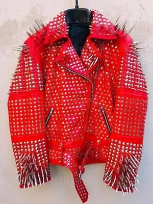 Mens Punk Fully Studded Leather Jacket  Red Leather Jacket Mens Wear • $240