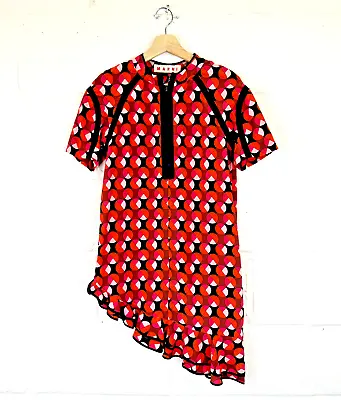 Marni Geo Print Dress Size 8 IT 38 Pink Orange Exposed Zip Deco Asymmetrical 60s • £54