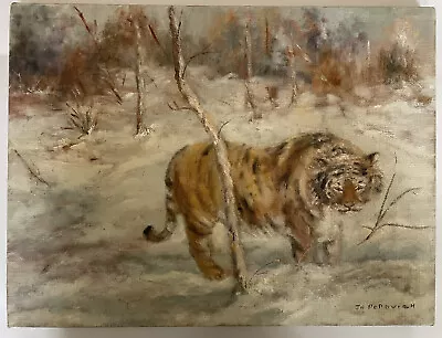 Tiger Snow Painting By J. Popovich On Canvas Unframed 16” X 12” Vintage • $55