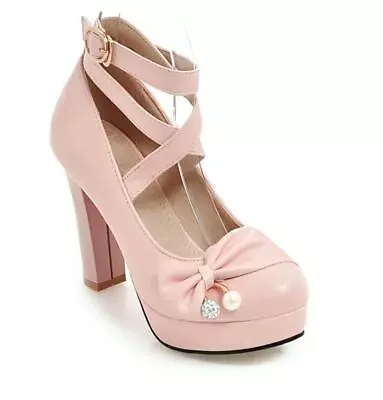 *lolita Kawaii* Cute Pink Platform Strap Mary Jane Shoes High-heel: 8.5/42-43 • £27.95