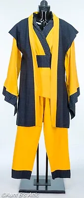 Asian Men's Samurai Costume 5 Pc BlK/Gd Pant Wrap Shirt Vest Belt Headpiece M/L • $34.98