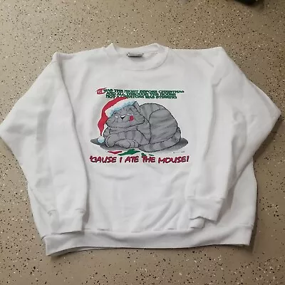 $24.99 • Buy VINTAGE Lee Christmas Cat Ate Mouse White Sweatshirt Men/Women XXL Made USA