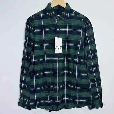 NWT Zara Man Green/Navy Plaid Fleece Button Down Shirt Long Sleeve Size Medium • $31.20