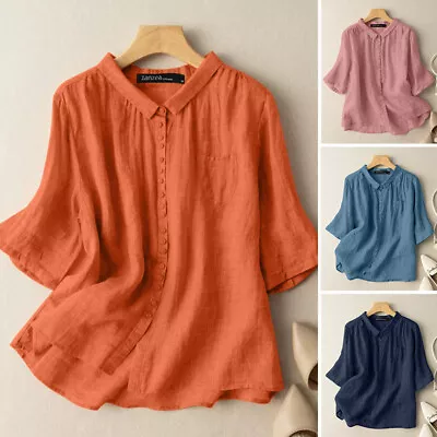 100%Cotton Womens Summer Plain Shirts OL Office Workwear Loose Tops Blouse PLUS • $28.15