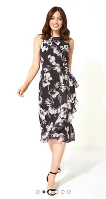 NEW WITH TAGS Roman Floral Dress 14 Black Purple Pink Grey Cruise Wedding Summer • £23