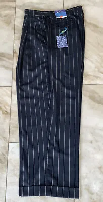 Men’s Dress Slacks Wide Leg Navy Blue 34 X30  Striped Pleated Suspender Buttons • $59.99