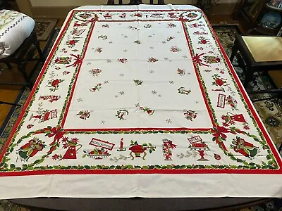 $9.99 • Buy Vintage Printed Linen Cotton Tablecloth Christmas Holiday Carolers 65  X 51 