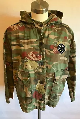 Zara Basic Green & Brown Camo Jacket W/ Rose Pattern & Detachable Hood Size S • $50.62