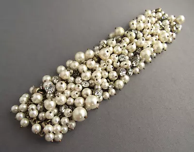 J. Crew Gold Tone Chunky Cluster Pearl Rhinestone Cha Cha Wide Bracelet • $39.99