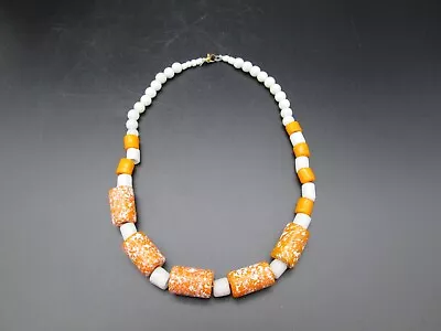 Vintage Orange White Beaded Artisan Chunky Funky Statement Necklace Estate 18  • $13.99