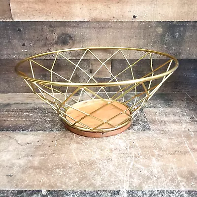 MCM Gold Tone Metal Wire Fruit  Basket 11X5 With Wood Base • $12.95