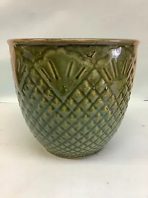 Green Glazed Planter  Quilted Pineapple Pattern 1920’s 8” Diameter 7”H • $25
