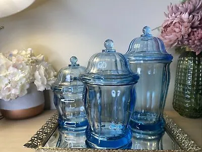 Vtg 1950s Indiana Glass Co. Azure Blue Glass Apothecary Jars Complete Set Of 3 • $89.99
